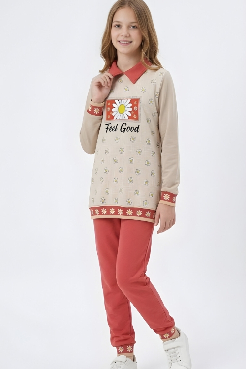 Kız Çocuk Papatya Baskılı Taş Süslemeli 3 İplik  Alt Üst Takım 12324