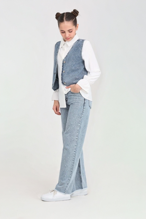 Kız Çocuk Taş Süslemeli 3lü Jean Takım 5-15 Yaş 12495