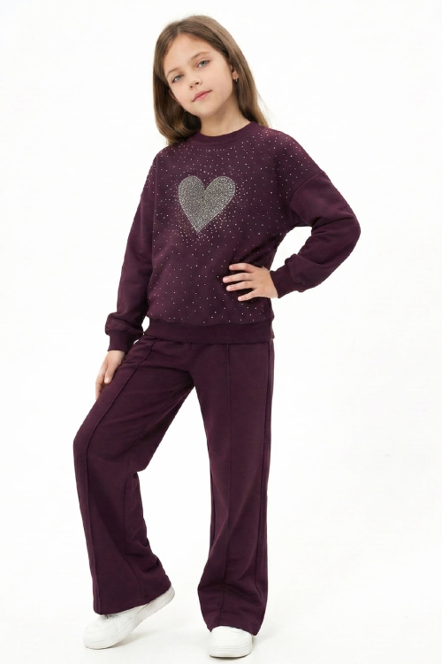 Kız Çocuk Taş Süslemeli Kalp Desenli 2 İplik Alt-Üst Takım 4-12 Yaş 12513