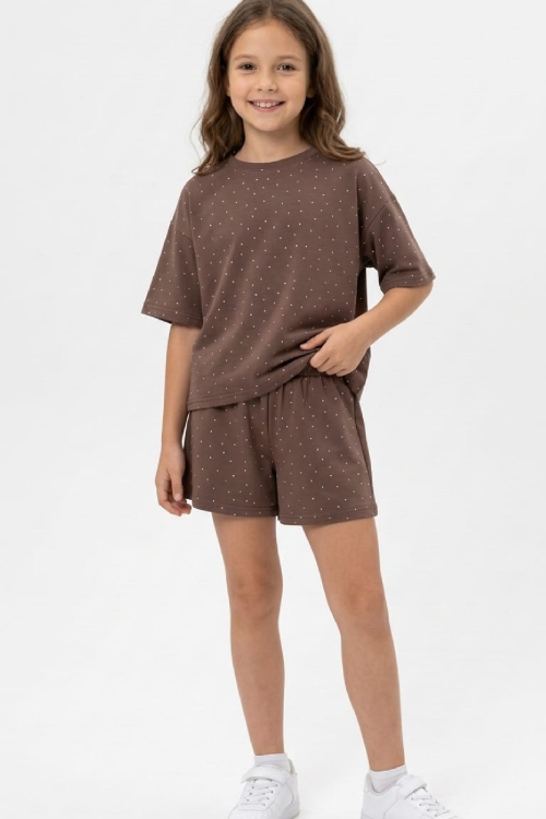 Kız Çocuk Taş Süslemeli Şortlu Alt-Üst Takım 4-12 Yaş 12561