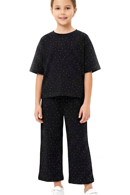 Kız Çocuk Taş Süslemeli Uzun Kaprili Alt-Üst Takım 4-12 Yaş 12566