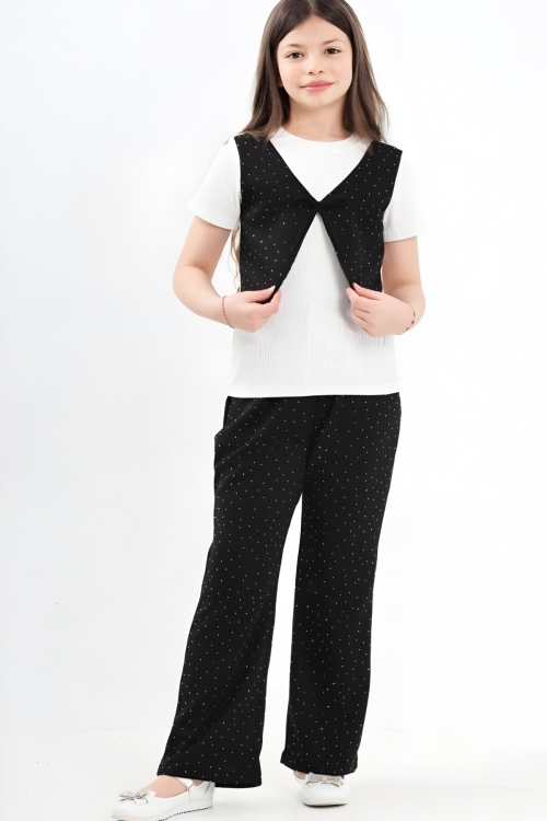 Kız Çocuk Taş Süslemeli ve Yelek Detaylı Alt -Üst Takım 7-12 Yaş 12572