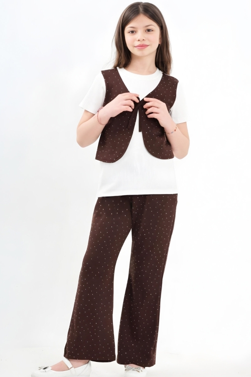 Kız Çocuk Taş Süslemeli ve Yelek Detaylı Alt -Üst Takım 7-12 Yaş 12572