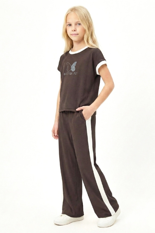 Kız Çocuk Taşlı Kelebek Baskılı-Biye Detaylı Alt-Üst Takım 4-12 Yaş 12547