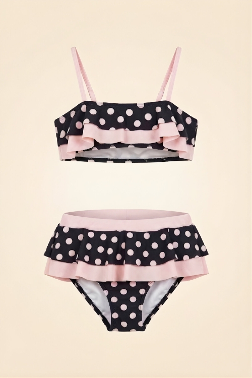 Kız Çocuk Volan Detaylı Ve Puantiye Desenli Mayo Takımı 8-12 Yaş 12599B