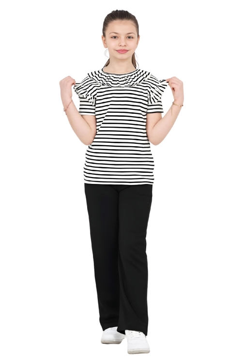 Kız Çocuk Yaka ve Omuz Fırfır Detaylı Alt-Üst Takım 4-8 Yaş 12577