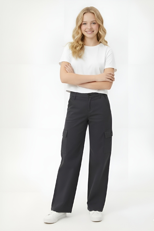 Kız Çocuk Yüksek Bel-Kargo Cepli-Geniş Paçalı Pantolon 12-16 Yaş 12523