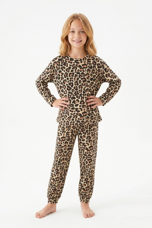 Kız Çocuk %100 Pamuk ve Rotasyon Desenli Pijama Takımı 3-8 Yaş 12743IS