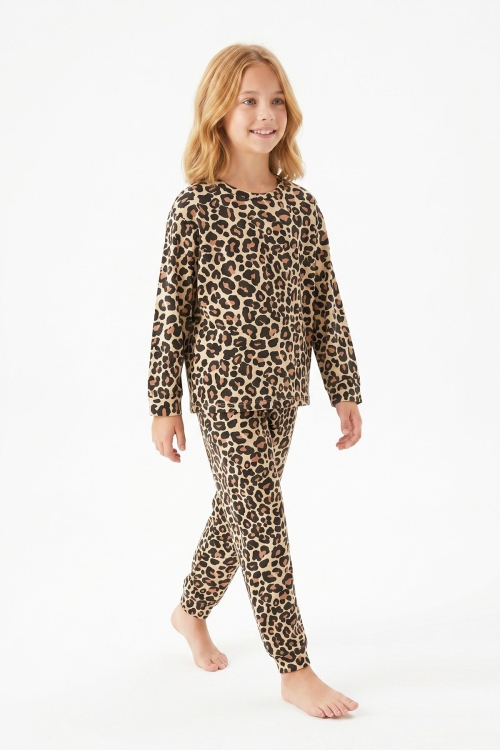 Kız Çocuk %100 Pamuk ve Rotasyon Desenli Pijama Takımı 3-8 Yaş 12743IS