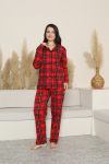 Kadın Pijama Takımı-Ekose Desenli - Pat Yakalı-Düğmeli 12285