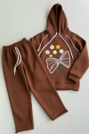 Kız Çocuk 3 iplik Kapüşonlu Nakış ve Taş Baskılı Paça Sıkma Aparatlı Alt-Üst Takım 12310