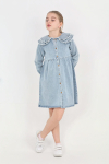Kız Çocuk Çift Yaka Detaylı ve Boydan Düğmeli Jean Elbise 12341