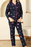 Kız Çocuk Pat Yakalı-Baskılı ve Düğme Kapamalı-%100 Pamuk Pijama Takımı 12352