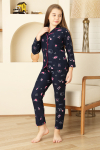 Kız Çocuk Pat Yakalı-Baskılı ve Düğme Kapamalı-%100 Pamuk Pijama Takımı 12352