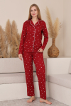 Kadın %100 Pamuk Milan Soft Pijama Takımı-Pat Yakalı-Boydan Düğmeli-Desenli-12422