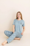 Kadın Pijama Takımı-Menekşe Kumaş-3 Düğmeli-Yaka Baskılı-12606SF