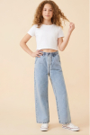 Kız Çocuk Beli Lastikli ve Kordonlu Geniş Kesim Jean Pantolon 7-15 Yaş 12679SK