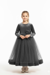 Kız Çocuk Kadife Elbise-Tül Detaylı-Fiyonk Süslemeli 7-12 Yaş 12441