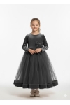 Kız Çocuk Kadife Elbise-Tül Detaylı-Fiyonk Süslemeli 7-12 Yaş 12441
