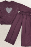 Kız Çocuk Taş Süslemeli Kalp Desenli 2 İplik Alt-Üst Takım 4-12 Yaş 12513